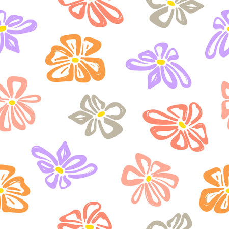 Colorful doodle flowers pattern. Seamless floral vector illustrationのイラスト素材