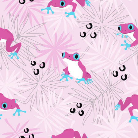 Seamless vector tropical pattern with cute tree frogs and palm leaves. Summer printのイラスト素材