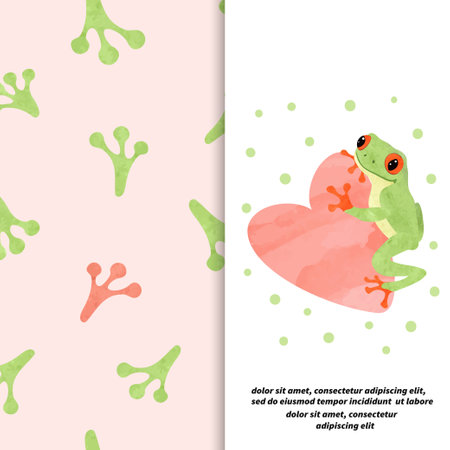 Cute tree frog and watercolor heart. Vector frogs tracks pattern. Greeting card or fabric designのイラスト素材