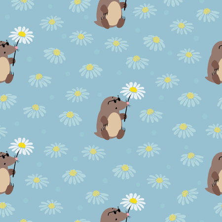 Cute cartoon moles and flowers pattern. Vector childish illustration, nursery designのイラスト素材