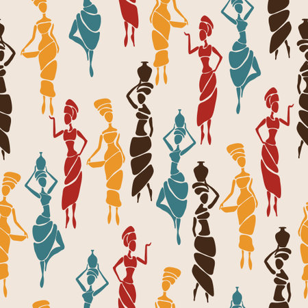 African women silhouettes seamless pattern. Colorful vector illustrationのイラスト素材