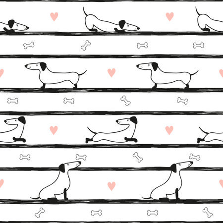 Seamless dog pattern with cute dachshunds and hearts. Vector striped backgroundのイラスト素材
