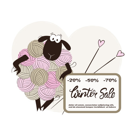 Cute sheep made of yarn balls. Vector knitting illustration. Winter sale posterのイラスト素材
