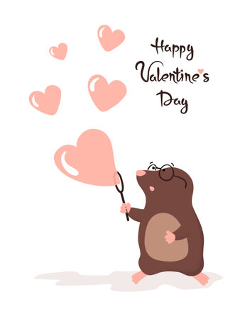 Cute mole blowing heart shaped soap bubbles. Valentines Day greeting card vector illustrationのイラスト素材