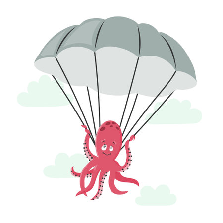 Cute octopus flying by parachute. Vector illustration for kidsのイラスト素材