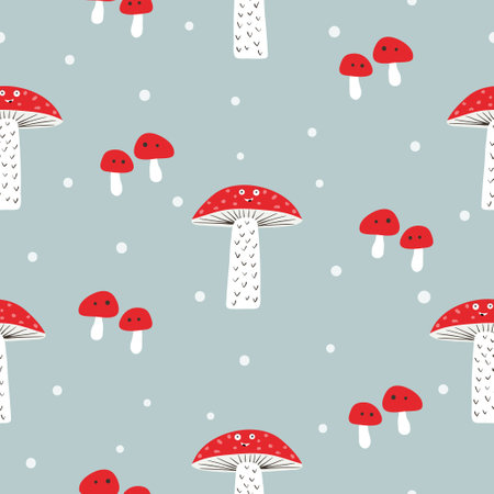 Cartoon mushrooms with eyes seamless pattern. Funny vector printのイラスト素材