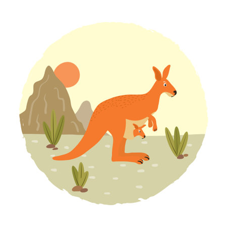 Cute kangaroo with baby and Australian landscape. Vector illustrationのイラスト素材