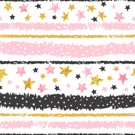 Seamless striped pattern in pink, black and golden colors with stars. Vector backgroundのイラスト素材