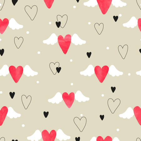 Cute hearts with wings seamless pattern. Valentines day backgroundのイラスト素材