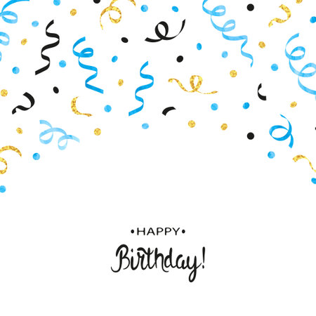 Happy Birthday card in blue and golden colors. Celebration vector illustration with confetti and serpentine ribbonsのイラスト素材