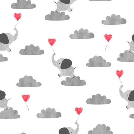 Cute cartoon baby elephants and clouds. Seamless vector patternのイラスト素材