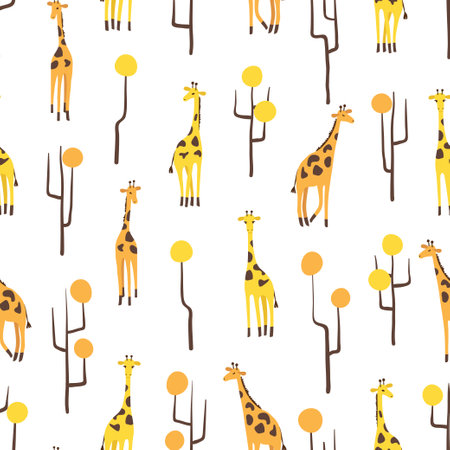 Seamless African pattern with cute giraffe and abstract trees. Summer print. Vector illustrationのイラスト素材