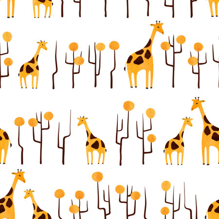 Seamless African pattern with cute giraffe and abstract trees. Vector illustrationのイラスト素材