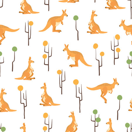 Kangaroo and abstract trees seamless pattern. Vector australian illustrationのイラスト素材