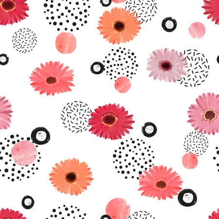 Seamless abstract floral pattern with gerbera flowers. Vector watercolor colorful daisy backgroundのイラスト素材