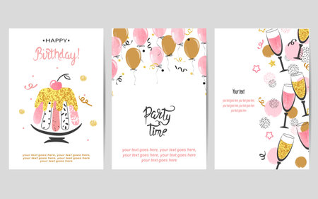 Happy Birthday cards set in pink and golden colors. Celebration vector posters with birthday cake and balloonsのイラスト素材