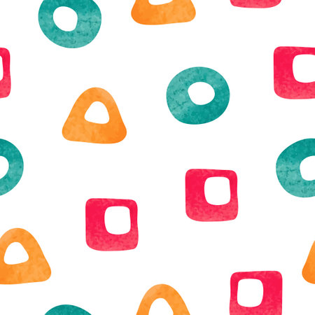 Seamless pattern with colorful squares, circles and triangles. Vector abstract background with geometric shapesのイラスト素材