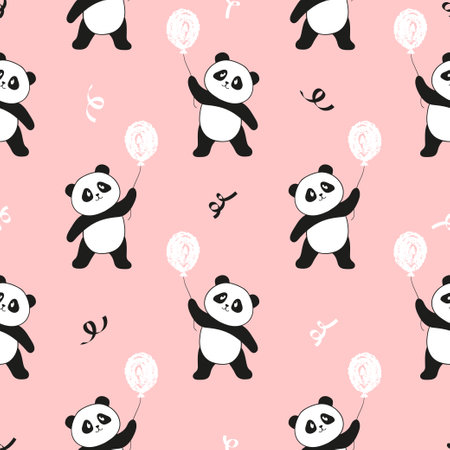 Seamless pattern with cute panda bears and balloons. Vector children backgroundのイラスト素材