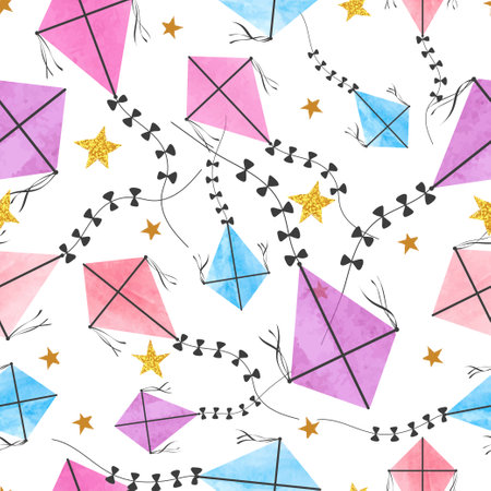 Colorful kites seamless pattern. Childish summer print. Vector watrcolor illustrationのイラスト素材