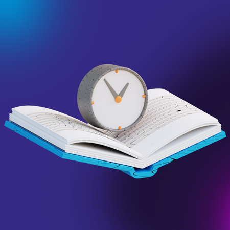 3D Illustration of book and study time clock