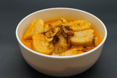 Curry with fried potatoes in a white bowl on a black backgroundの写真素材