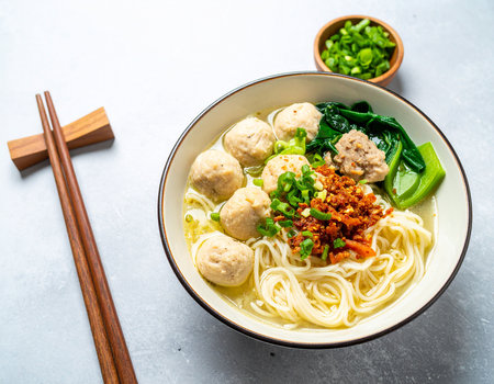 Vietnamese Noodle Soup with Meatballs and Vegetables in Bowlの素材