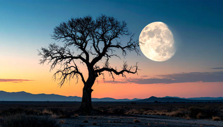 Full moon over a dry tree in the Namib Desert, Namibiaの素材