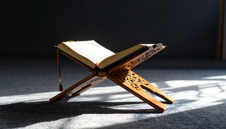 Holy Quran on a wooden stand in the rays of the morning sunの素材