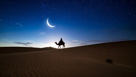 Crescent moon and camel in desert at night. Dubai, United Arab Emiratesの素材