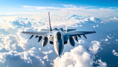 Military fighter jet flying above the clouds. 3d render illustration.の素材