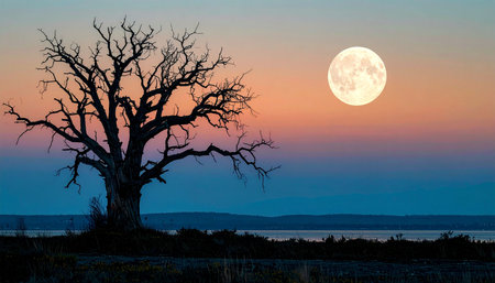 Full moon over dead tree on the shore of Lake Balaton in Hungaryの素材