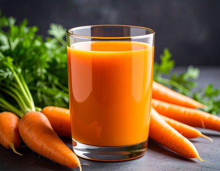 Carrot juice in a glass with fresh carrots on a black backgroundの素材
