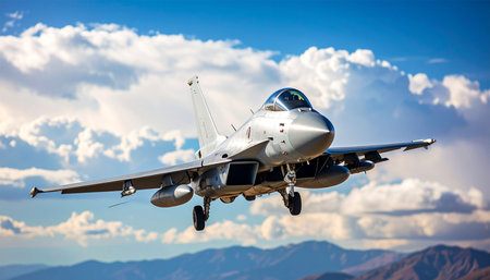 Military fighter jet flies in the blue sky with clouds. Military airfield.の素材