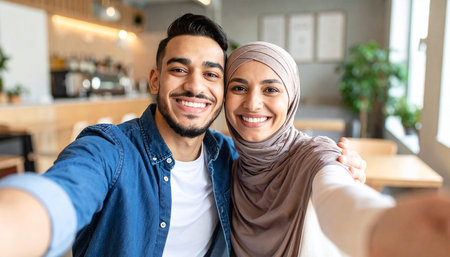 happy muslim couple taking selfie with smartphone in cafe at shopping mallの素材