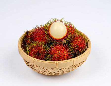 Rambutan in bamboo basket on white background,Tropical fruitの素材
