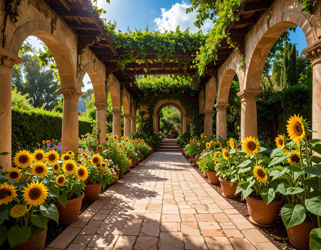 Beautiful garden with sunflowers and arches in sunny summer dayの素材