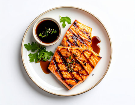 Grilled salmon steak with soy sauce and parsley on white backgroundの素材