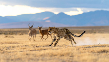 Cheetah running in the savannah at sunset, Namibiaの素材