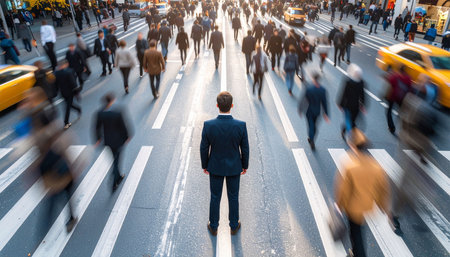 Businessman crossing the street with crowd of people in the background.の素材