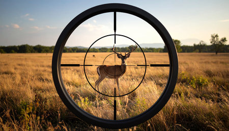 Deer looking through a target in a field of grass at sunsetの素材