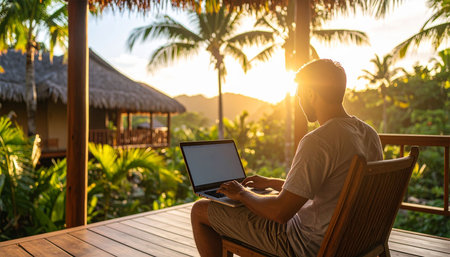 Young man using laptop computer on the balcony at sunset in tropical resortの素材