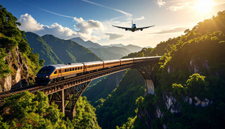 passenger train with passenger plane flying over the bridge in the mountainsの素材