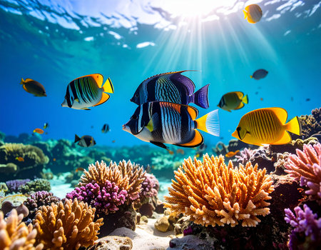 Tropical coral reef with tropical fish and sunlight. Underwater world.の素材