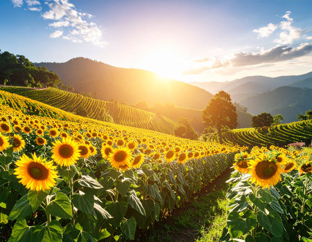 Sunflower field at Doi Angkhang mountain, Chiang Mai, Thailandの素材