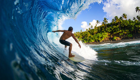 Surfer on a surfboard in the ocean at Seychellesの素材