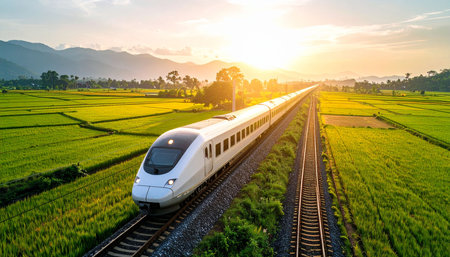 High speed train on the railway in rice field with sunset background.の素材