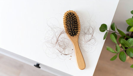 Hair loss problem concept. Hair loss problem with wooden comb.の素材