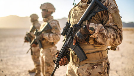 United States Navy special forces soldiers with assault rifle in desert at sunsetの素材