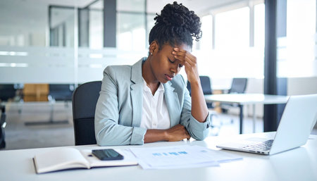 Stressed african american businesswoman sitting at desk in officeの素材