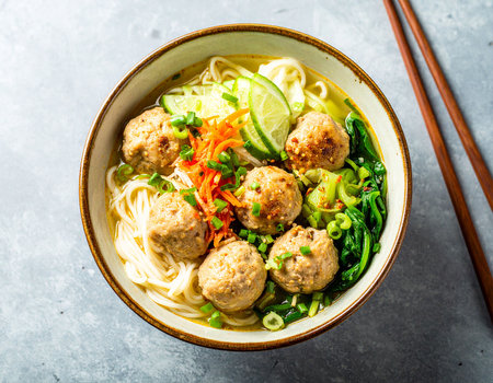 Noodles with meatballs and vegetables in bowl. Asian food style.の素材